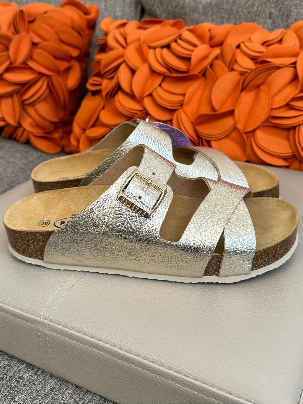 ❣️🆕Plakton ELEFANTE/ORO GOLD METALLIC LEATHER CORK FOOTBED SANDALS❣️